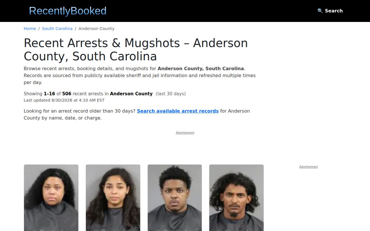 Anderson County booking-record secondary listing source, RecentlyBooked