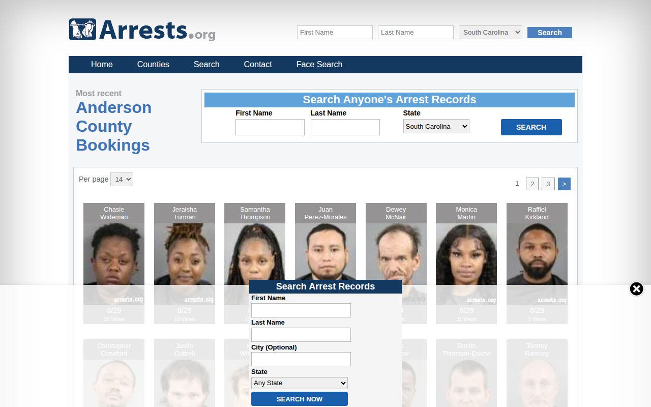 Anderson County booking-record secondary listing source, Arrests.org
