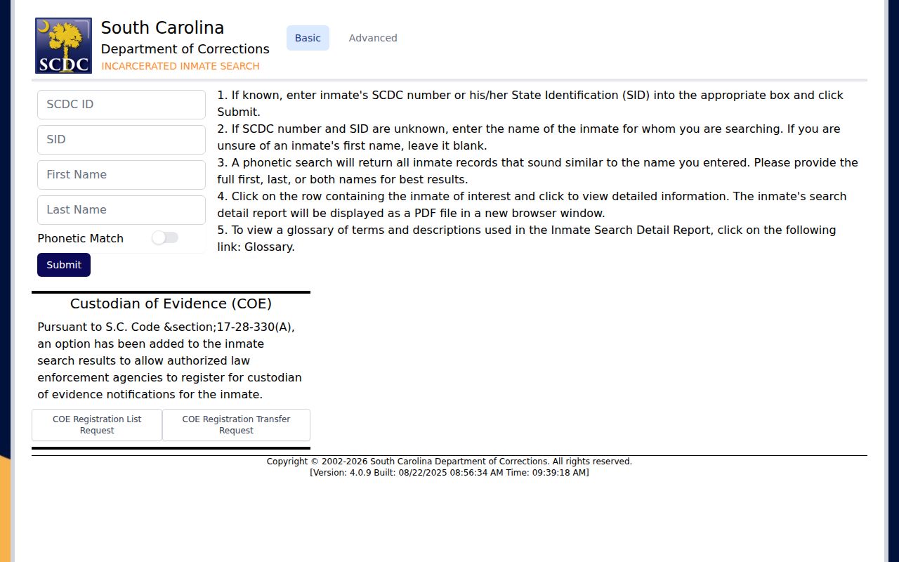 South Carolina Department of Corrections sentenced inmate record and photograph search