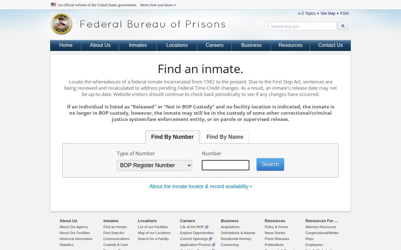 Federal Bureau of Prisons custody record locator for Anderson County search fallback